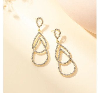 1 Paire Élégante Mode Double Anneau Alliage Goutte D'eau Évider Strass Artificiels Boucles D'oreilles Pour Femmes