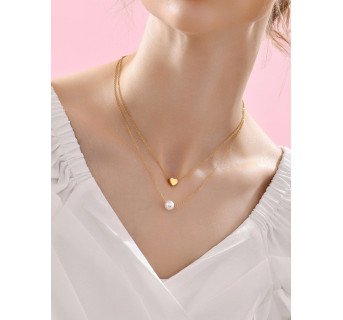 Collier superposé de perles et de cœurs de couleur or Romance et Elegance