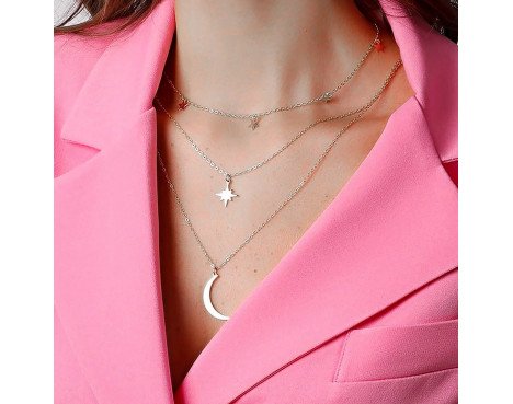 Collier multicouche étoile polaire et croissant argenté : Symboles de grâce céleste