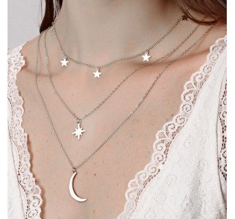 Collier multicouche étoile polaire et croissant argenté : Symboles de grâce céleste