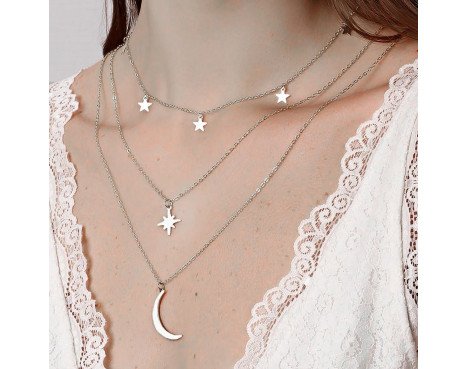 Collier multicouche étoile polaire et croissant argenté : Symboles de grâce céleste